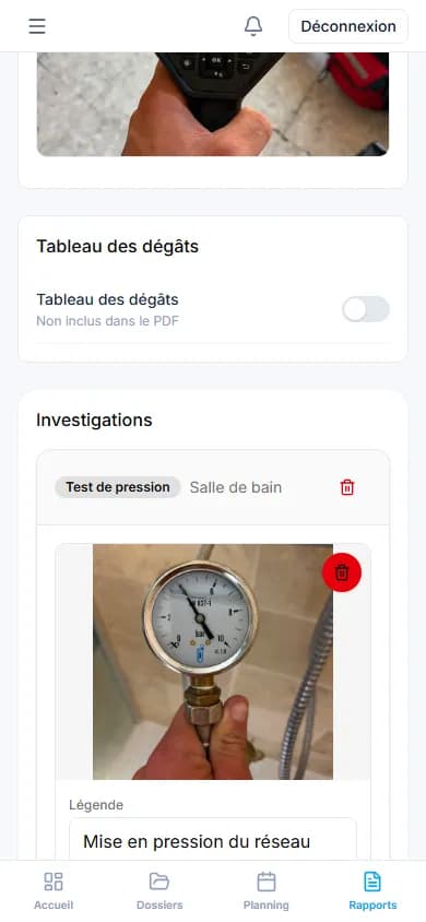 Rapport d'intervention affiché sur mobile, photos organisées par zone