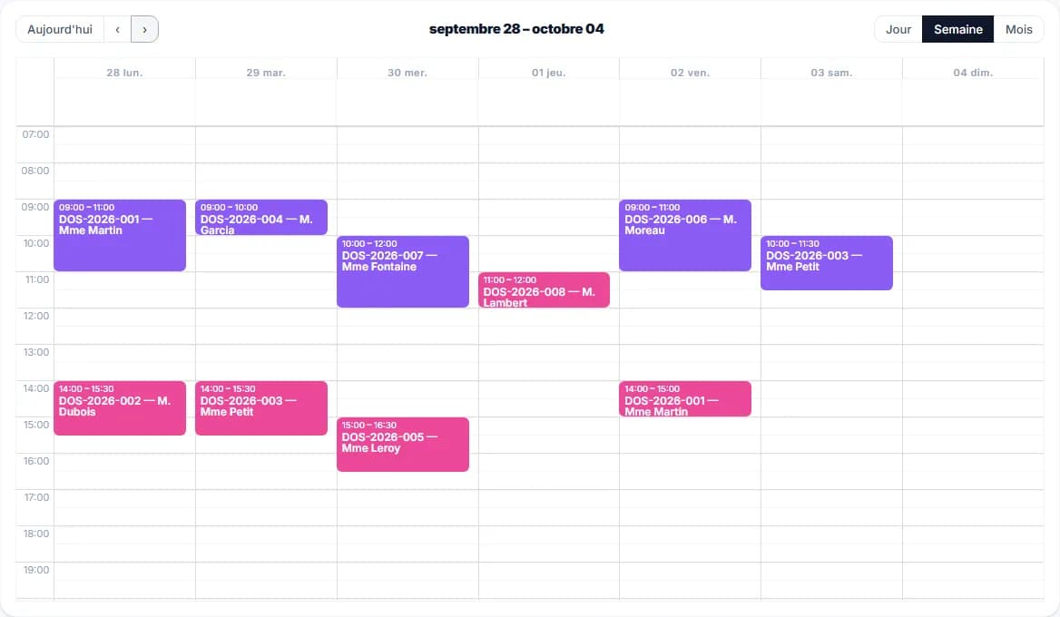 Planning en vue semaine, interventions réparties par jour et par technicien