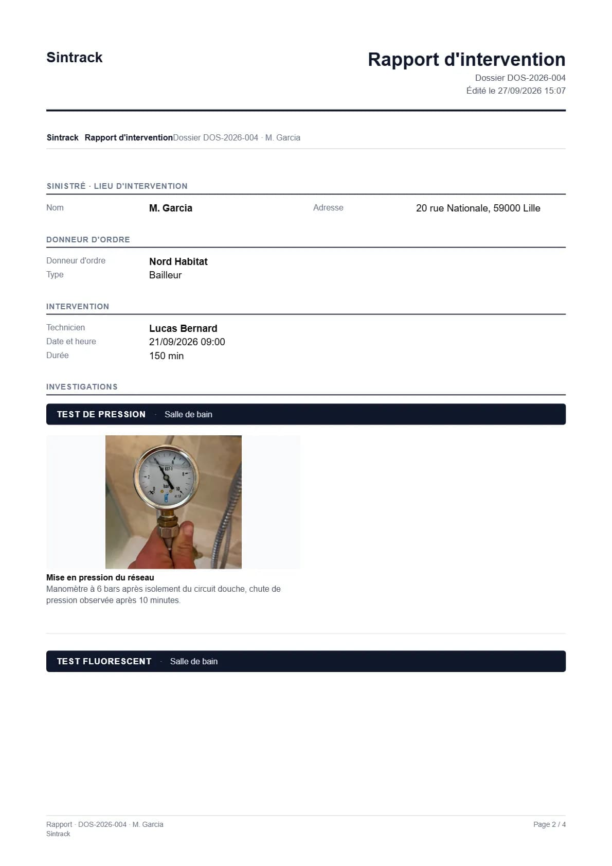 Page de photos annotées d'un rapport PDF Sintrack (exemple fictif)